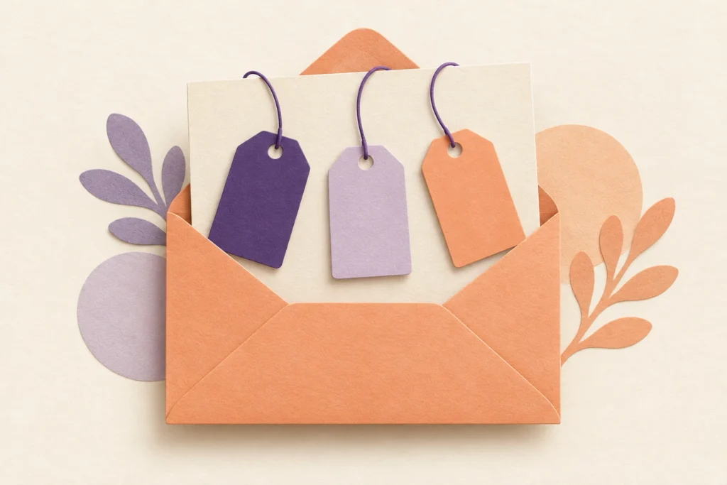 Illustration av ett kuvert och ett kort med tre färgade etiketter.